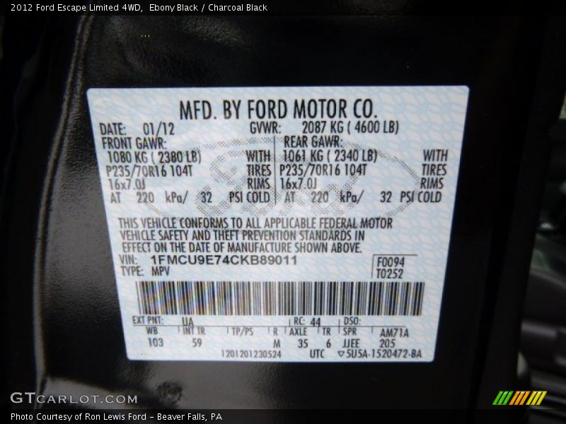 Ebony Black / Charcoal Black 2012 Ford Escape Limited 4WD