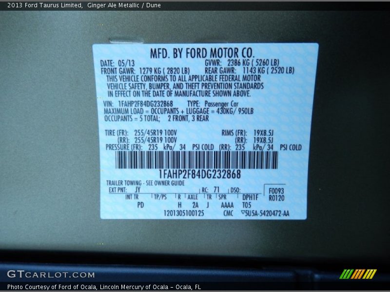 Ginger Ale Metallic / Dune 2013 Ford Taurus Limited