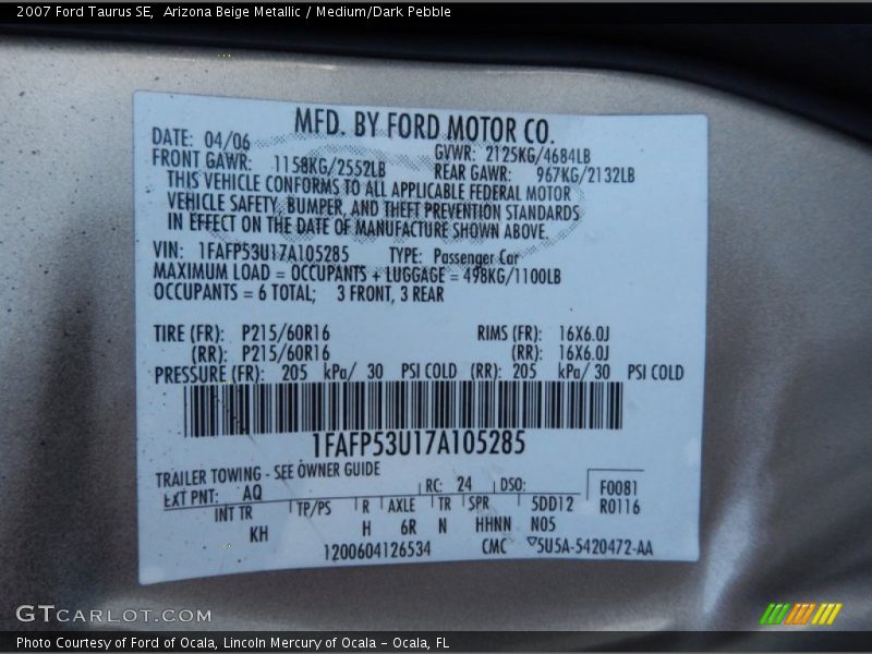 Arizona Beige Metallic / Medium/Dark Pebble 2007 Ford Taurus SE