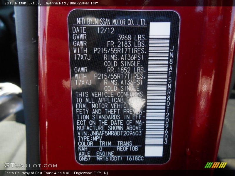 Cayenne Red / Black/Silver Trim 2013 Nissan Juke SV