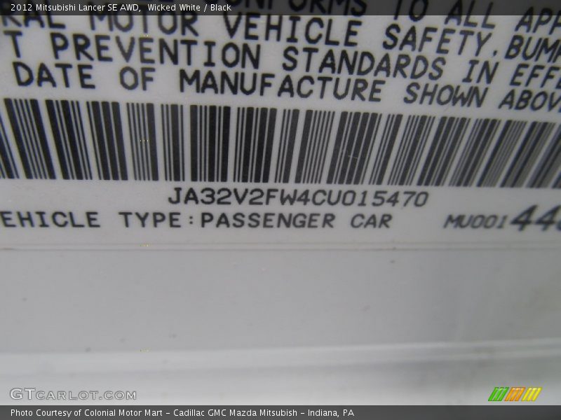 Wicked White / Black 2012 Mitsubishi Lancer SE AWD