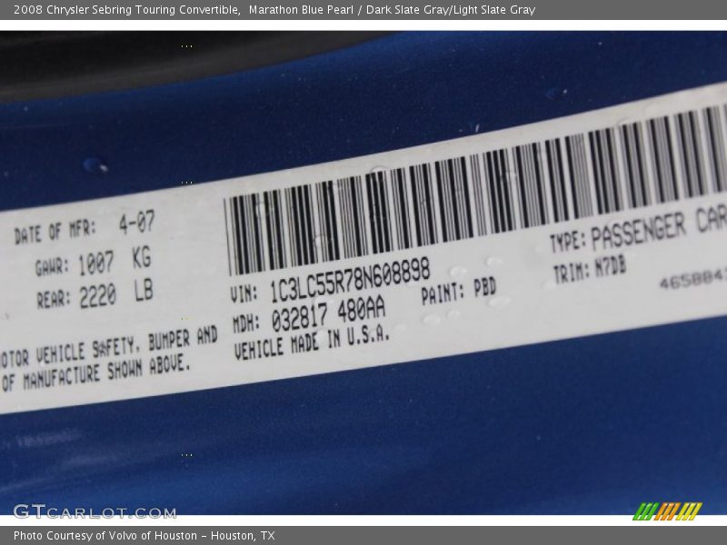 Marathon Blue Pearl / Dark Slate Gray/Light Slate Gray 2008 Chrysler Sebring Touring Convertible
