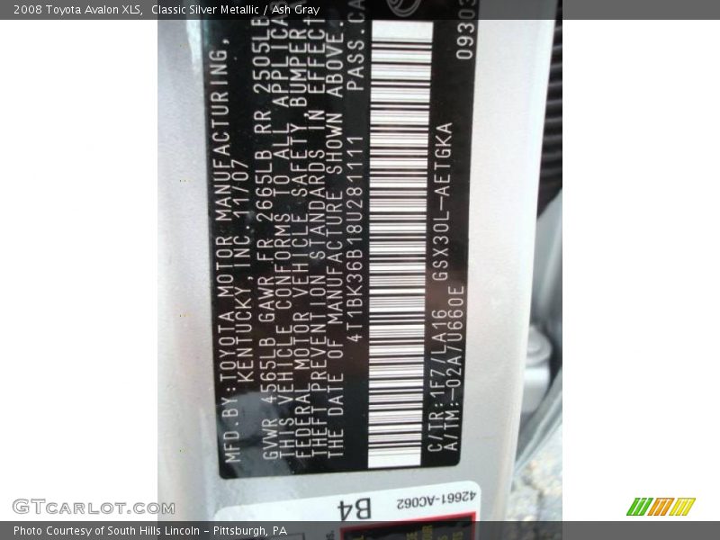 Classic Silver Metallic / Ash Gray 2008 Toyota Avalon XLS