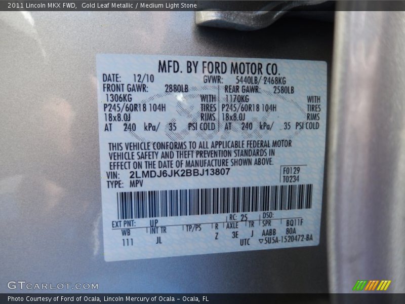 Gold Leaf Metallic / Medium Light Stone 2011 Lincoln MKX FWD