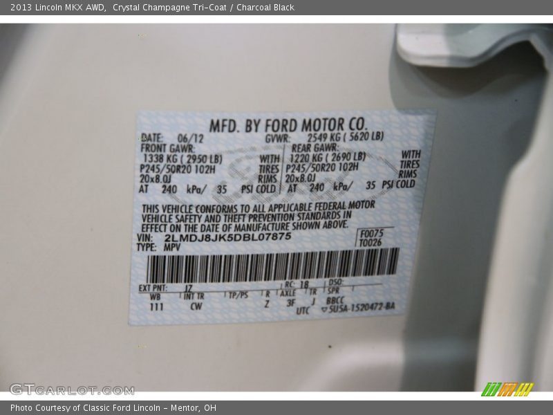 2013 MKX AWD Crystal Champagne Tri-Coat Color Code JZ