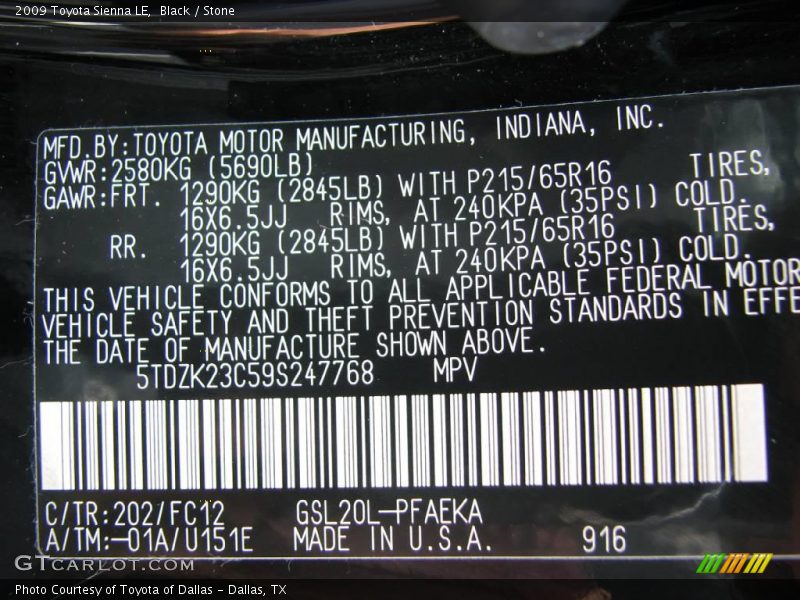 Black / Stone 2009 Toyota Sienna LE