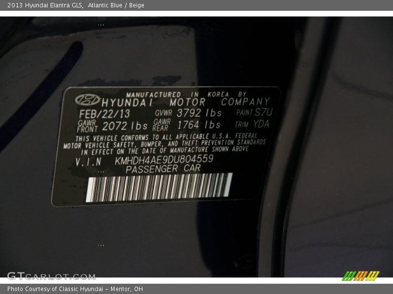 Atlantic Blue / Beige 2013 Hyundai Elantra GLS