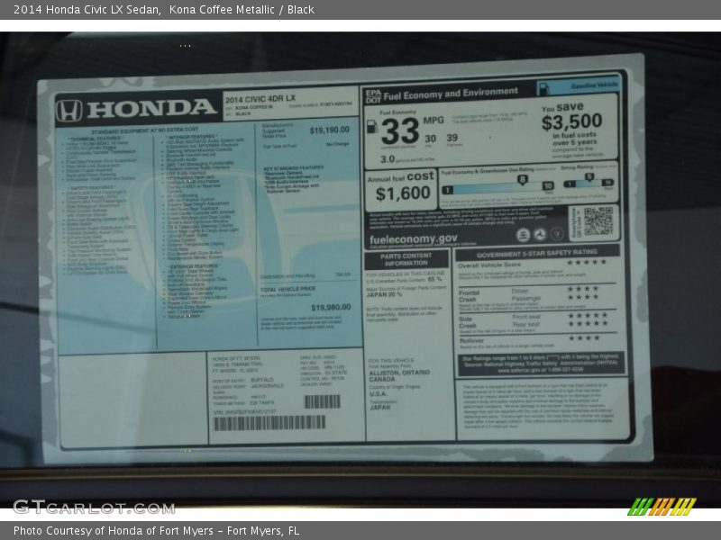 Kona Coffee Metallic / Black 2014 Honda Civic LX Sedan