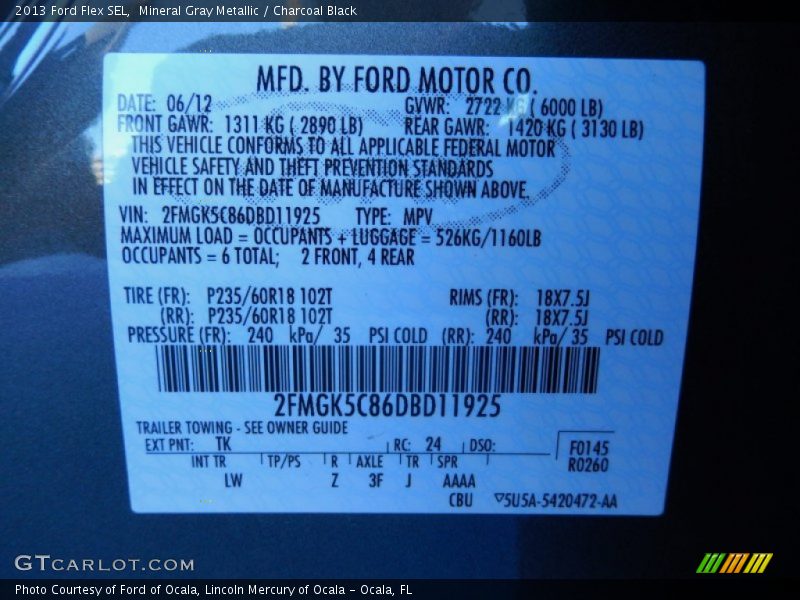 Mineral Gray Metallic / Charcoal Black 2013 Ford Flex SEL