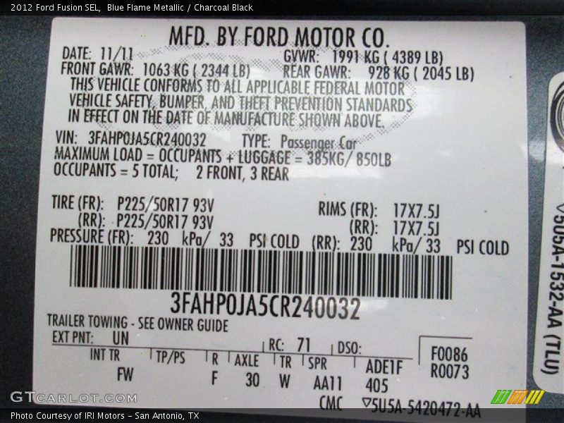 Blue Flame Metallic / Charcoal Black 2012 Ford Fusion SEL