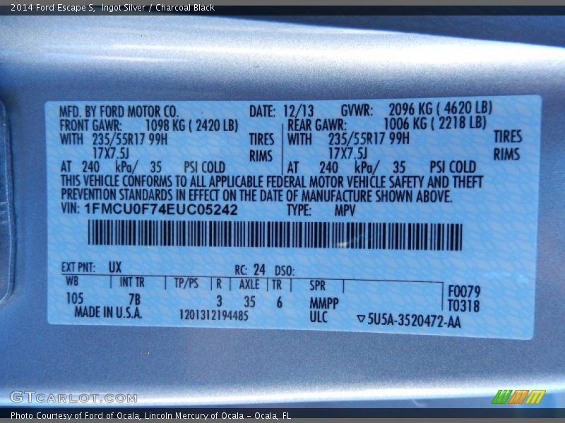 Ingot Silver / Charcoal Black 2014 Ford Escape S