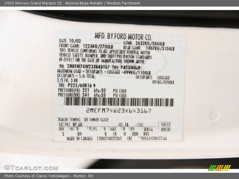 Arizona Beige Metallic / Medium Parchment 2003 Mercury Grand Marquis GS