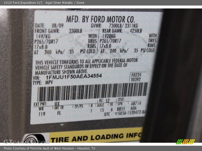 Ingot Silver Metallic / Stone 2010 Ford Expedition XLT