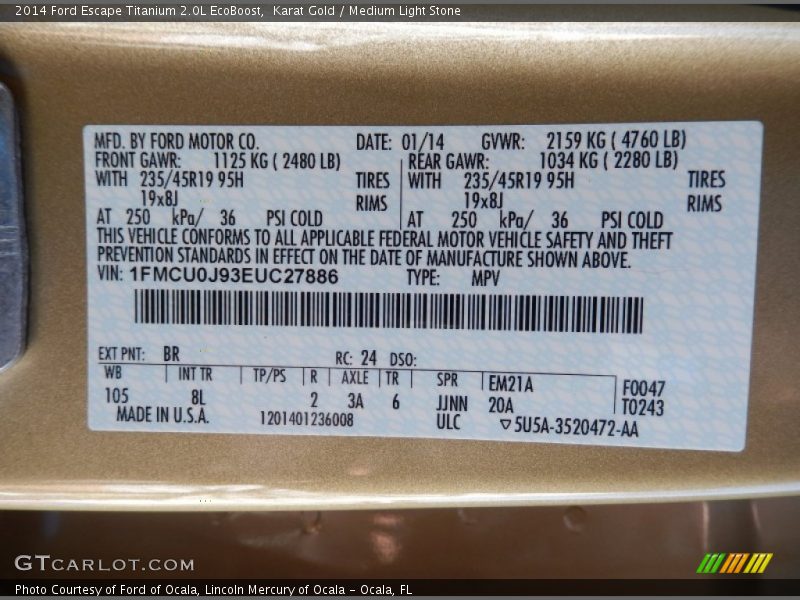 2014 Escape Titanium 2.0L EcoBoost Karat Gold Color Code BR