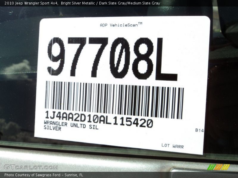 Bright Silver Metallic / Dark Slate Gray/Medium Slate Gray 2010 Jeep Wrangler Sport 4x4