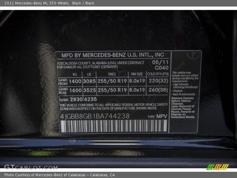 Black / Black 2011 Mercedes-Benz ML 350 4Matic
