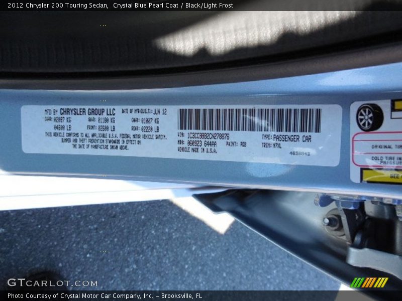 Crystal Blue Pearl Coat / Black/Light Frost 2012 Chrysler 200 Touring Sedan