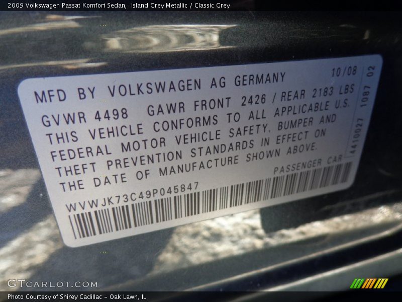 Island Grey Metallic / Classic Grey 2009 Volkswagen Passat Komfort Sedan