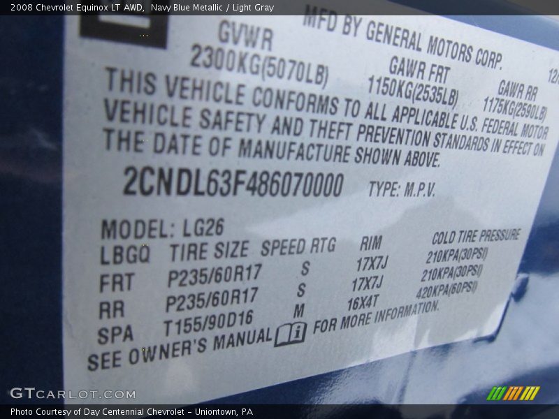 Navy Blue Metallic / Light Gray 2008 Chevrolet Equinox LT AWD