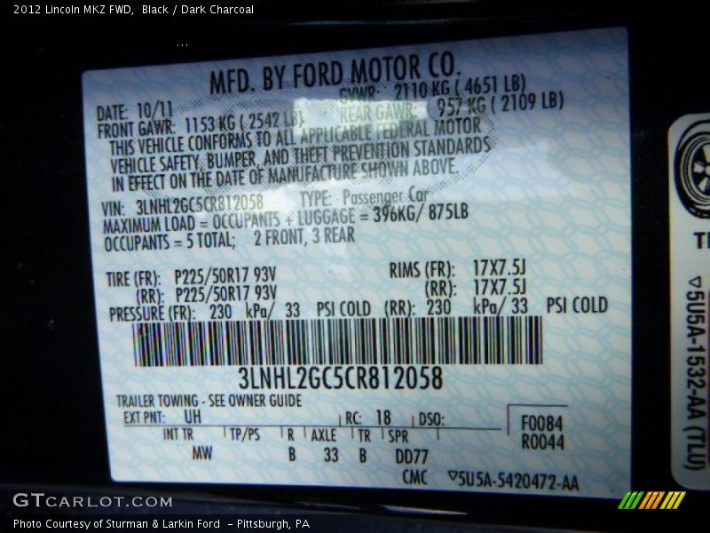 Black / Dark Charcoal 2012 Lincoln MKZ FWD