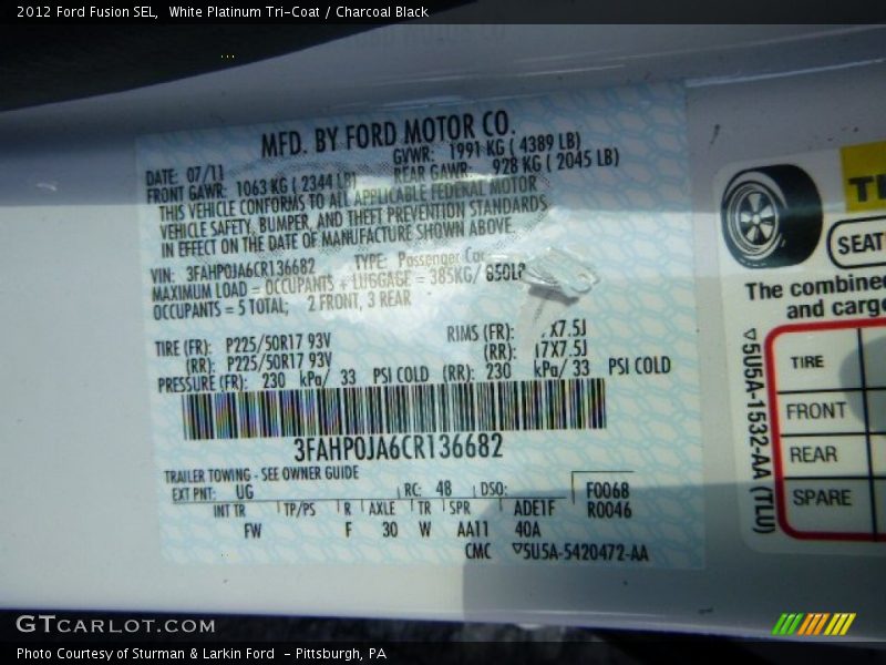 White Platinum Tri-Coat / Charcoal Black 2012 Ford Fusion SEL
