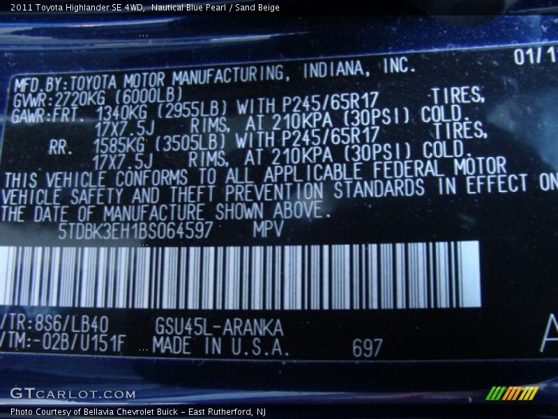 Nautical Blue Pearl / Sand Beige 2011 Toyota Highlander SE 4WD