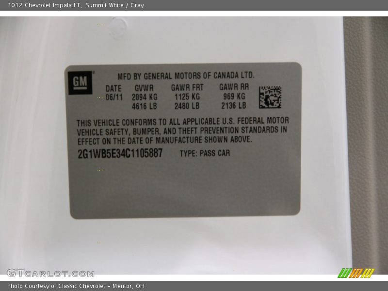 Summit White / Gray 2012 Chevrolet Impala LT