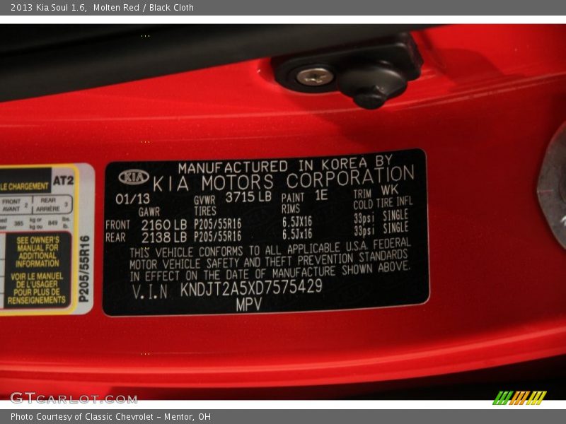 Molten Red / Black Cloth 2013 Kia Soul 1.6