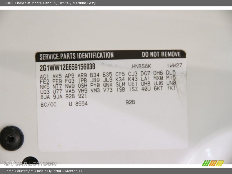 White / Medium Gray 2005 Chevrolet Monte Carlo LS