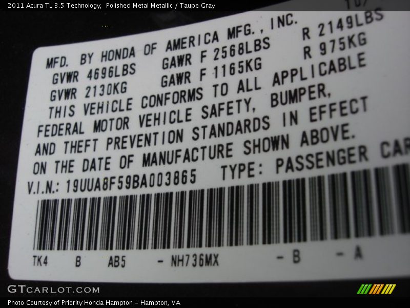Polished Metal Metallic / Taupe Gray 2011 Acura TL 3.5 Technology