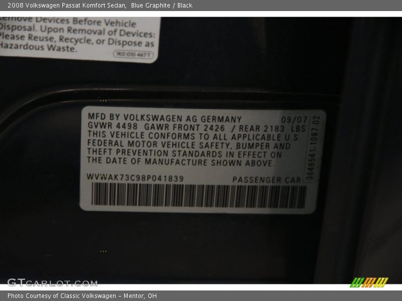Blue Graphite / Black 2008 Volkswagen Passat Komfort Sedan