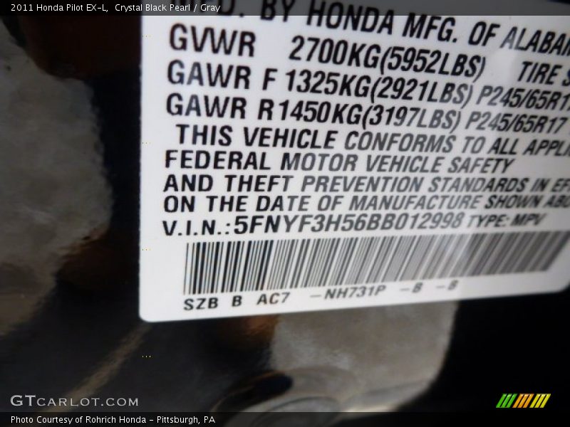 Crystal Black Pearl / Gray 2011 Honda Pilot EX-L