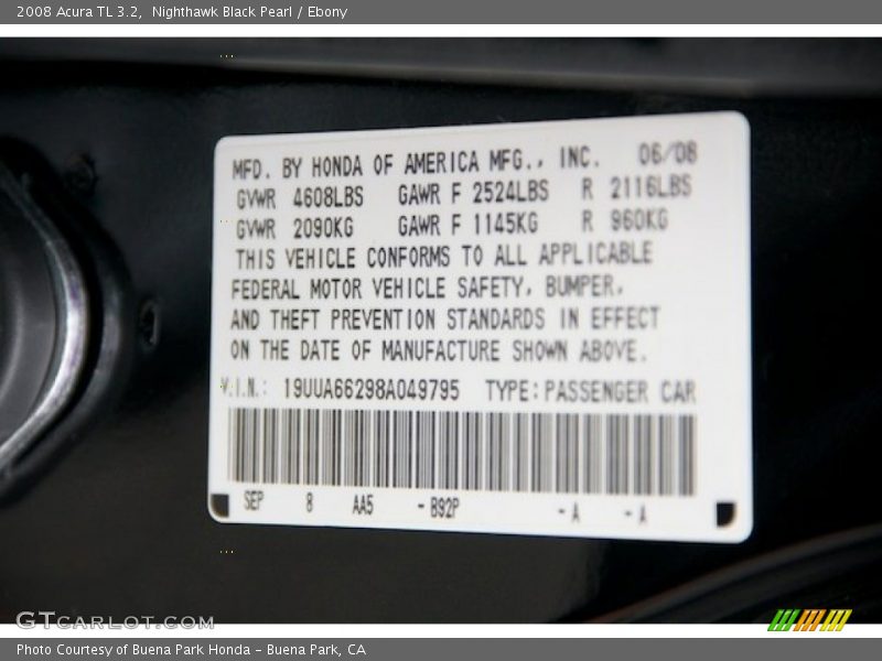 Nighthawk Black Pearl / Ebony 2008 Acura TL 3.2