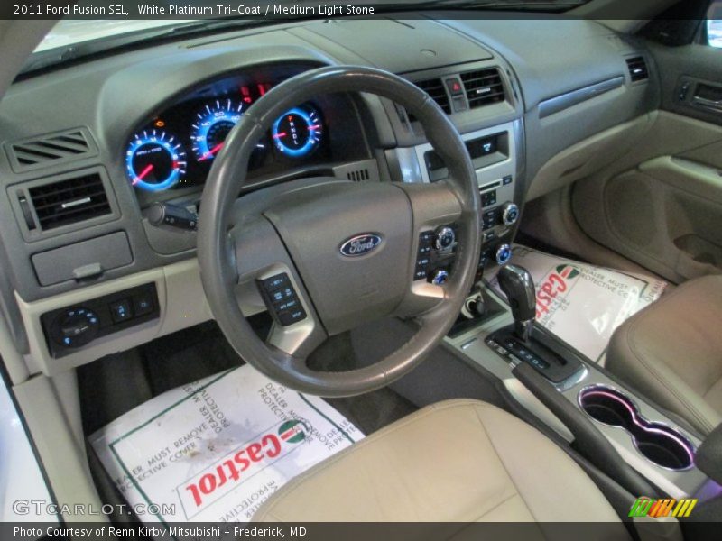 White Platinum Tri-Coat / Medium Light Stone 2011 Ford Fusion SEL