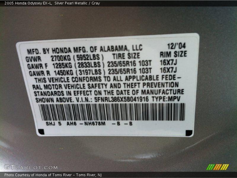 Silver Pearl Metallic / Gray 2005 Honda Odyssey EX-L
