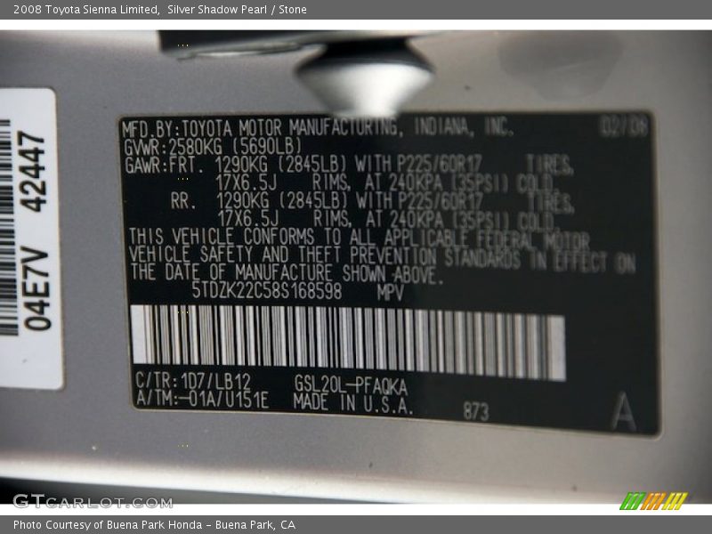 Silver Shadow Pearl / Stone 2008 Toyota Sienna Limited
