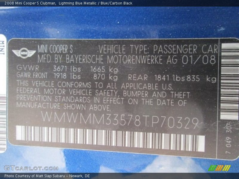 Lightning Blue Metallic / Blue/Carbon Black 2008 Mini Cooper S Clubman