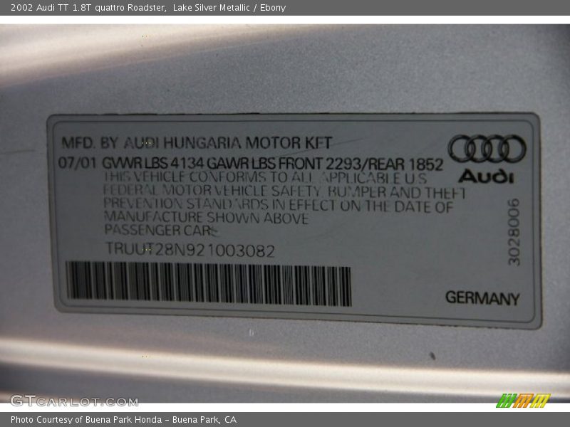 Info Tag of 2002 TT 1.8T quattro Roadster