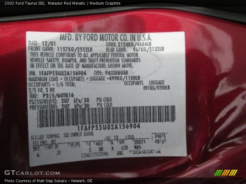 Matador Red Metallic / Medium Graphite 2002 Ford Taurus SES