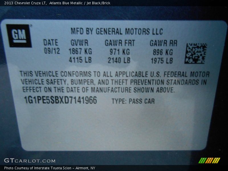 Atlantis Blue Metallic / Jet Black/Brick 2013 Chevrolet Cruze LT