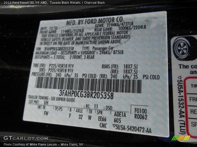 Tuxedo Black Metallic / Charcoal Black 2011 Ford Fusion SEL V6 AWD