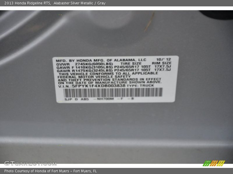 Alabaster Silver Metallic / Gray 2013 Honda Ridgeline RTS