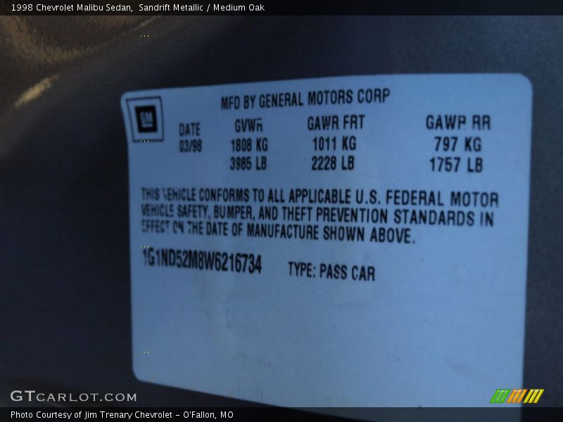 Sandrift Metallic / Medium Oak 1998 Chevrolet Malibu Sedan