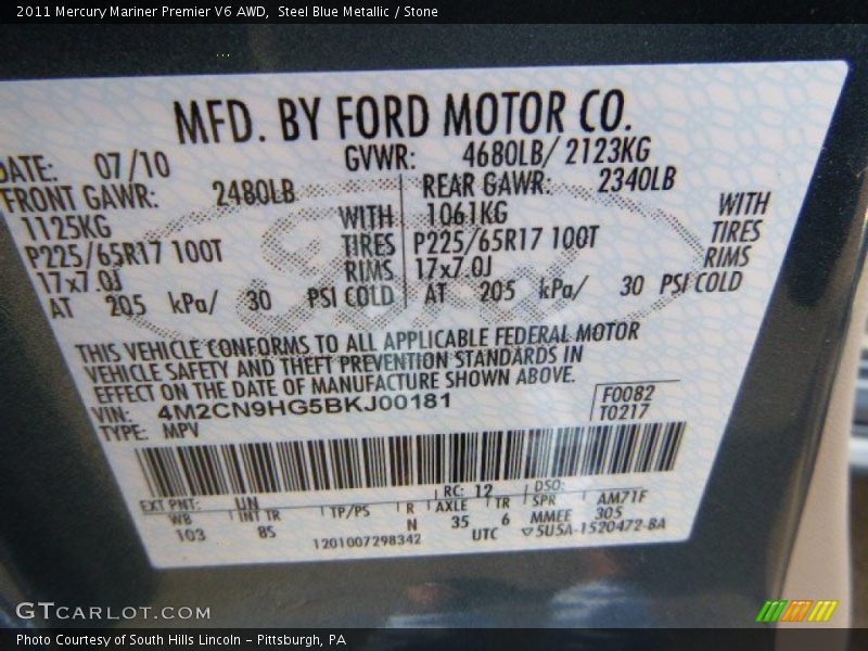 Steel Blue Metallic / Stone 2011 Mercury Mariner Premier V6 AWD