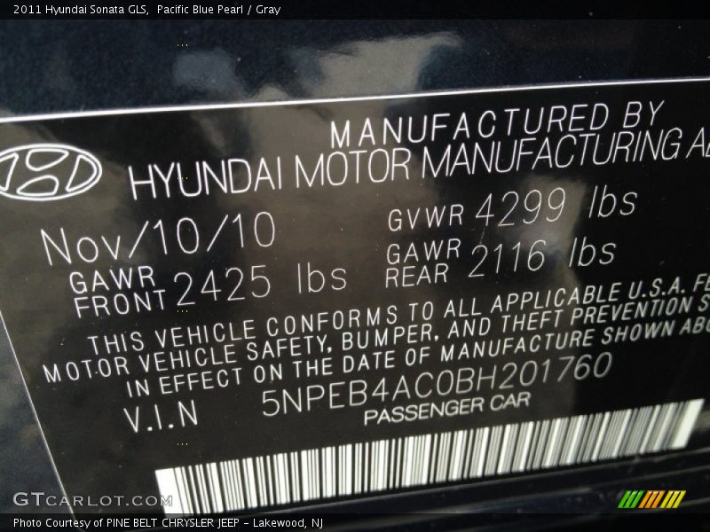 Pacific Blue Pearl / Gray 2011 Hyundai Sonata GLS