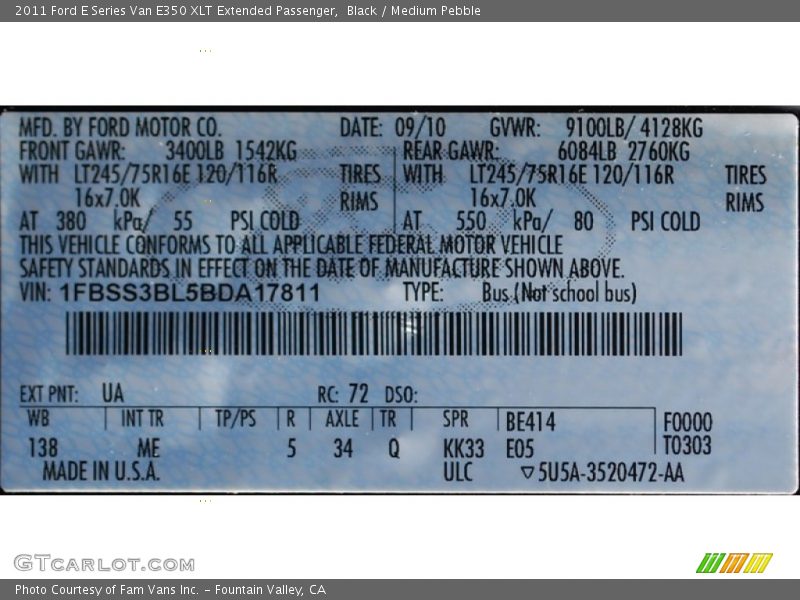 Black / Medium Pebble 2011 Ford E Series Van E350 XLT Extended Passenger