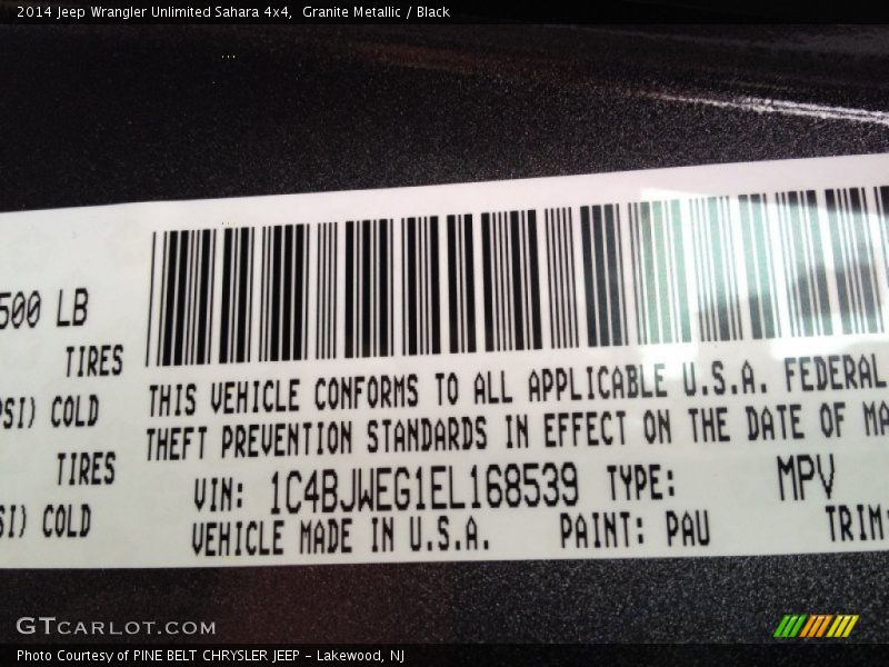 2014 Wrangler Unlimited Sahara 4x4 Granite Metallic Color Code PAU