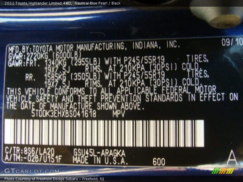 Nautical Blue Pearl / Black 2011 Toyota Highlander Limited 4WD