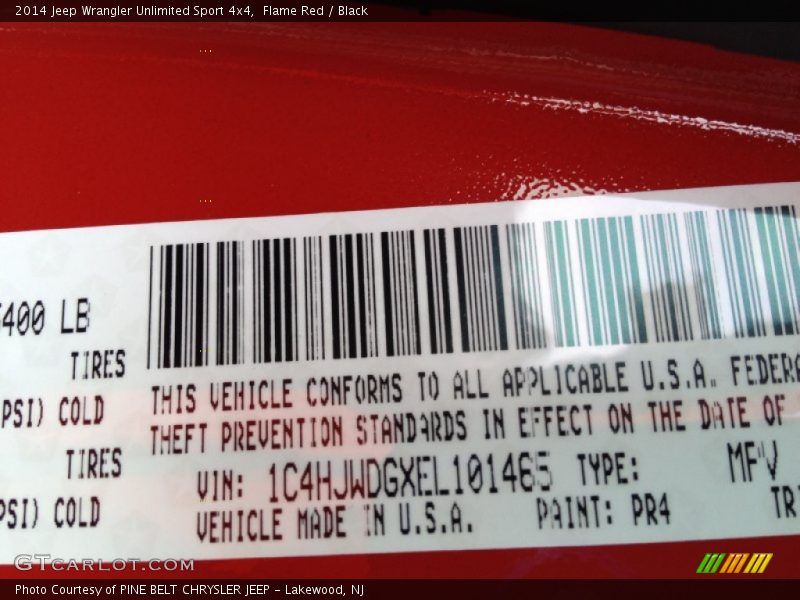 2014 Wrangler Unlimited Sport 4x4 Flame Red Color Code PR4