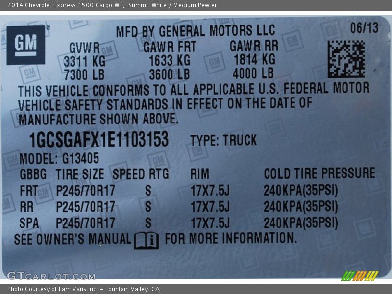 Summit White / Medium Pewter 2014 Chevrolet Express 1500 Cargo WT